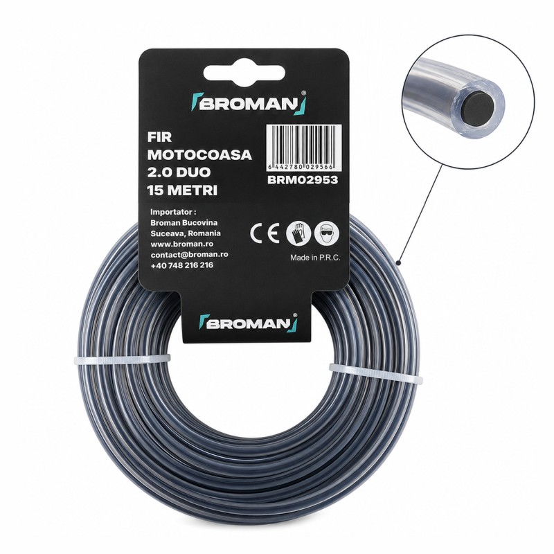 Fir motocoasa duo cu insertie, profil rotund, PVC, 2.0 mm x 15 m, BROMAN