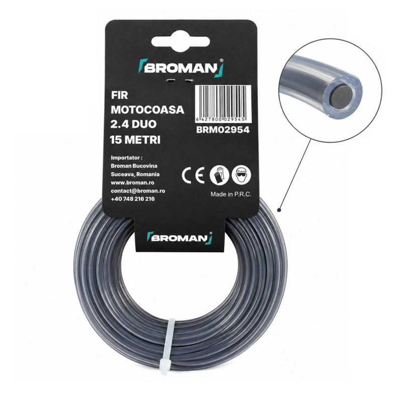 Fir motocoasa duo cu insertie, profil rotund, PVC, 2.4 mm x 15 m, BROMAN
