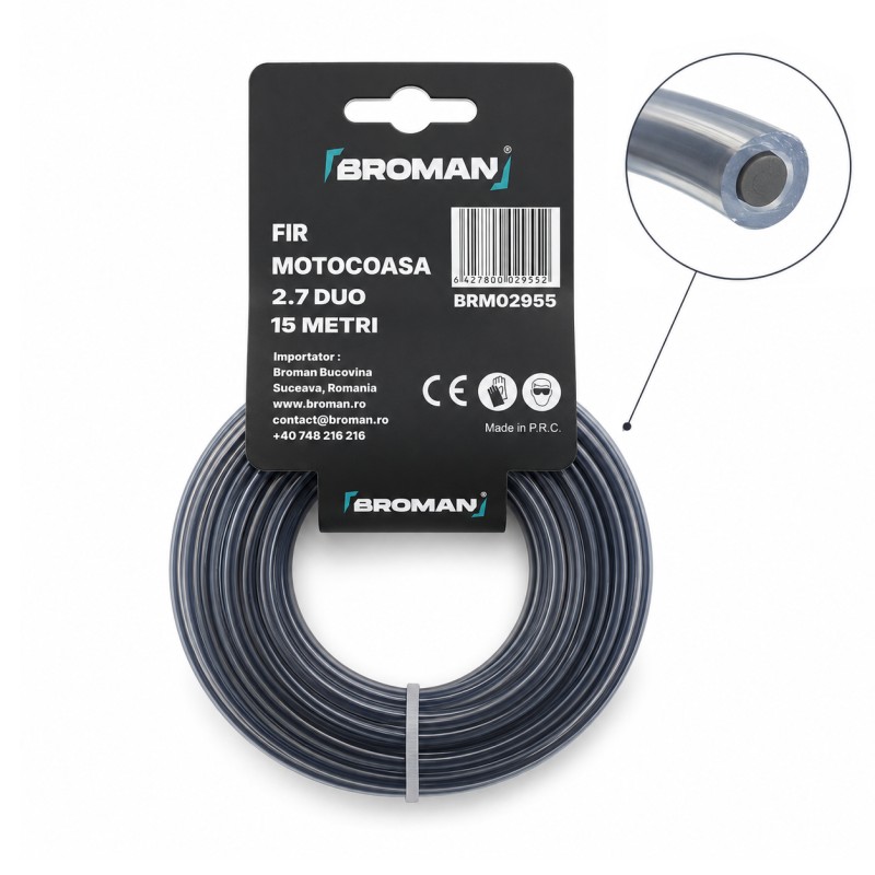 Fir motocoasa duo cu insertie, profil rotund, PVC, 2.7 mm x 15 m, BROMAN