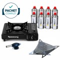Pachet PROMO camping mare - Gratar portabil din 4 piese + Aragaz camping + 8 buc de rezerva butelie gaz camping 227g + Cap arzator 227g