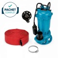Pachet PROMO - Pompă de apă murdară pentru fosă cu cutit tocător Power-Cut WQD-K, BROMAN  + Furtun pompier rosu 30 m + Colier metalic 44-64 mm